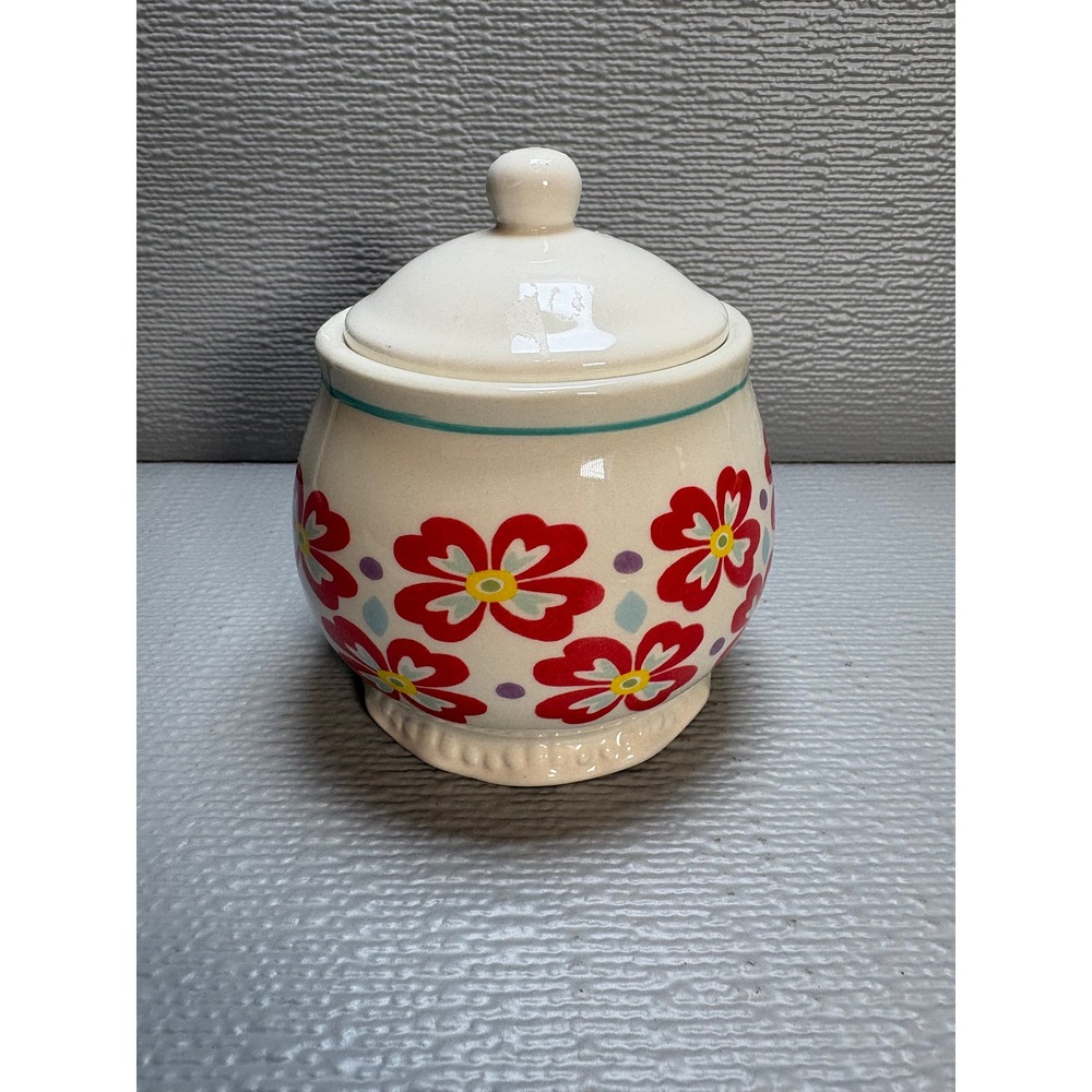 The Pioneer Woman Floral Ceramic Sugar Bowl with Lid Red White Farmhouse Style